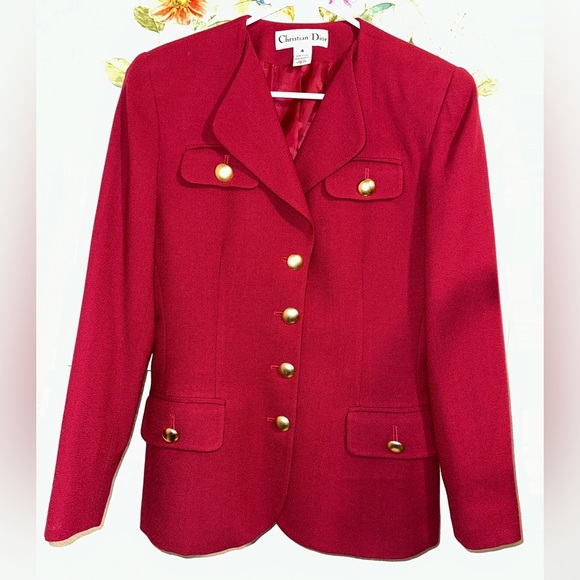 CHRISTIAN DIOR Maroon Blazer Jacket With Goldtone Buttons 100% Wool Size 4  - Picture 2 of 10